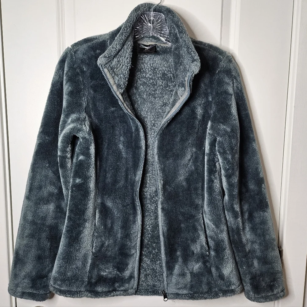 32 Degrees Heat Plush Faux Fur Zip Jacket Cozy Hunter Green XS Soft Stand Collar